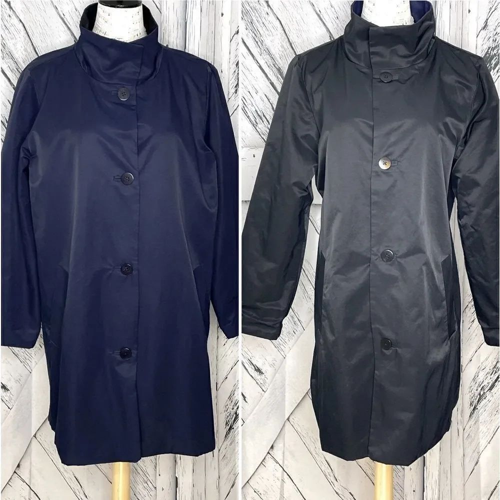 Eileen Fisher Coat Reversible Cotton Nylon Button Front Black/Navy M